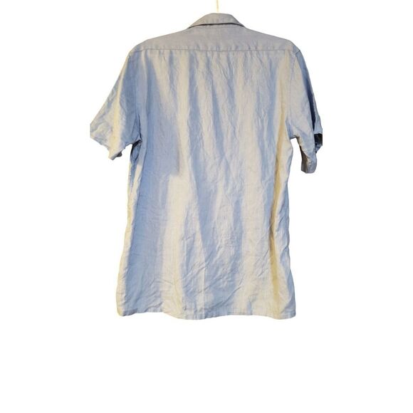 Pronto Uomo 100% Linen Short Sleeve  Button Down Shirt Blue Size L Designer - Picture 2 of 15